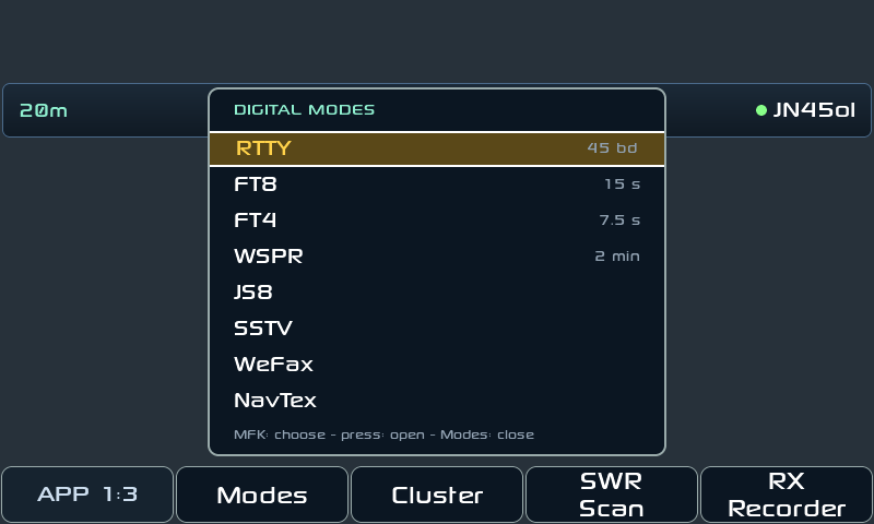 Il menu dei modi digitali: FT8, FT4, JS8, WSPR, SSTV, WeFax, NavTex, RTTY, CW